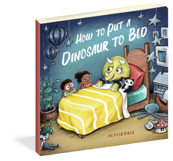 The cover of the board book How to Put a Dinosaur to Bed.