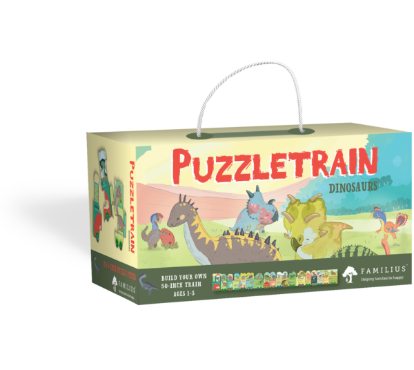 The box holding the puzzle pieces of Puzzletrain: Dinosaurs.