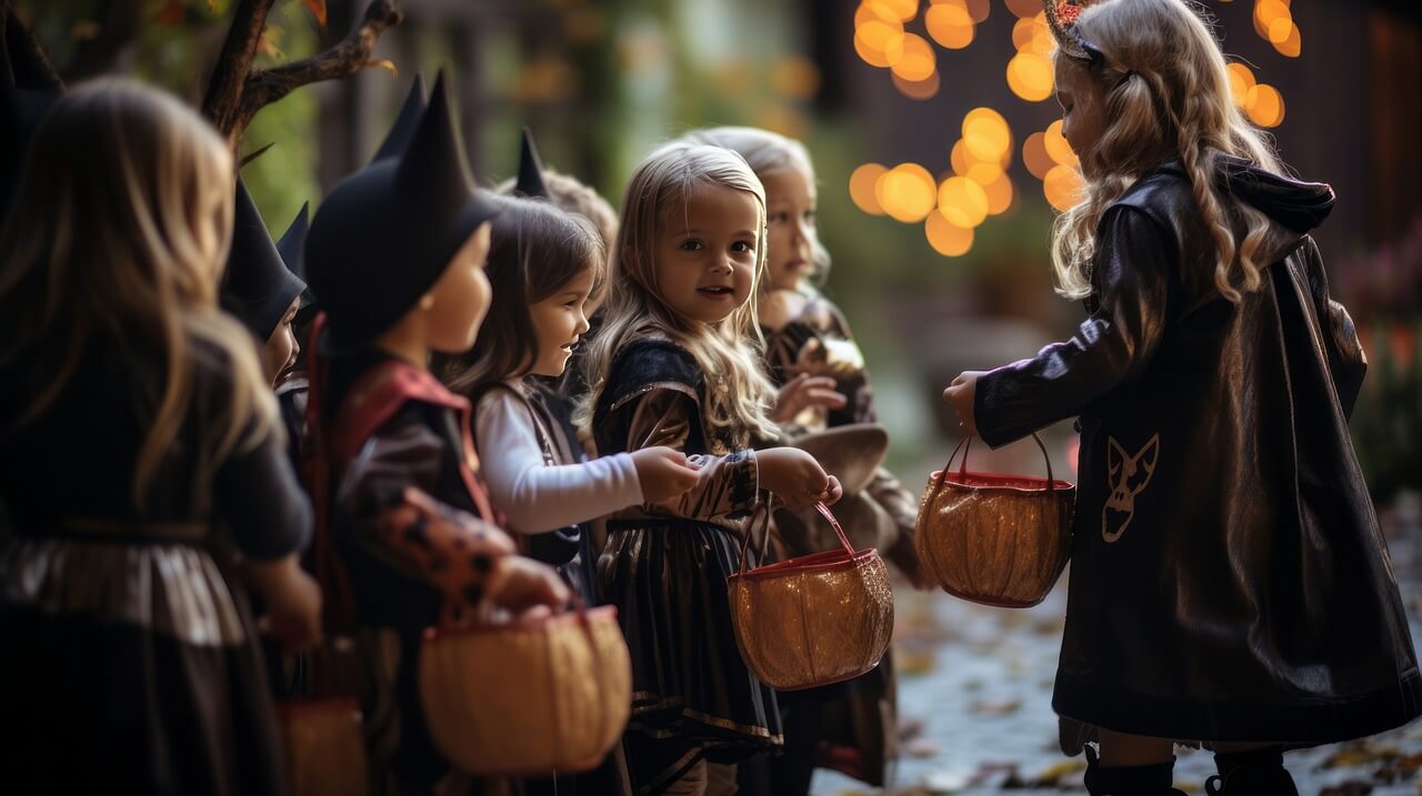 A group of girls, who are dressed in Halloween costumes, trick-or-treating together.